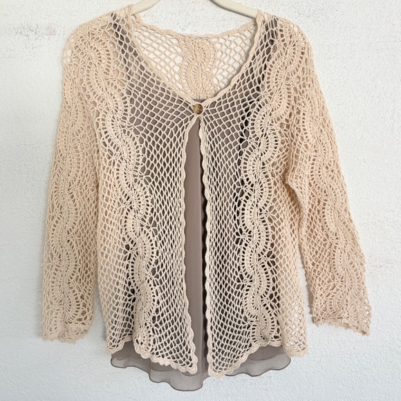 Vintage Sweaters - Vintage Open Knit Sweater Crochet Lace Fairy Indie Sleazy S Beige Cream
